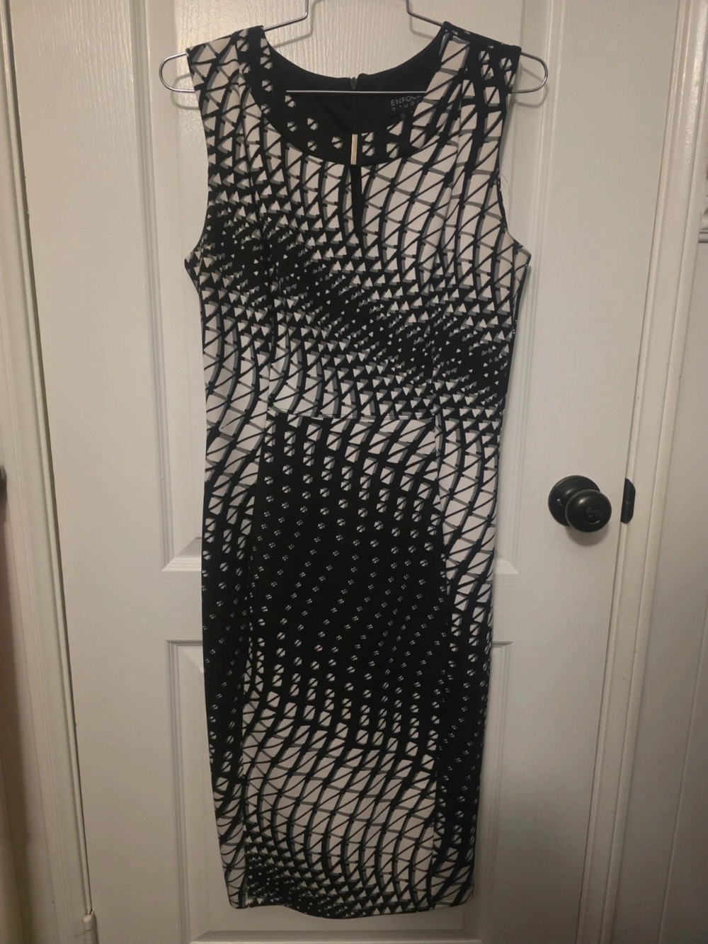 Enfocus Studio Black and White Geometric Midi Sheath Dress